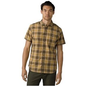 prAna Shirt Mens Xl Intrepid Yellow Plaid Short Sleeve Classic Casual Button Up